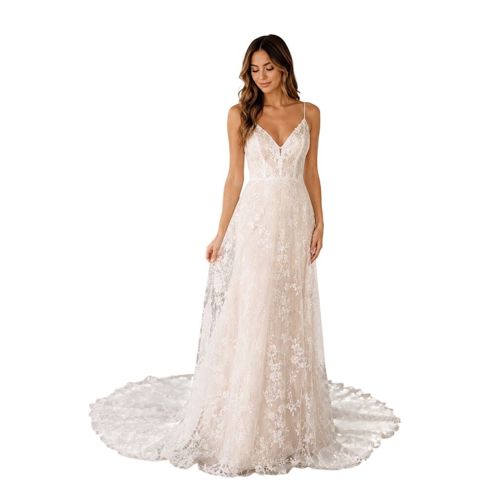Wear Your Love Lace Wedding Dress Boho Bridal Gown Train NWT Size Large 12